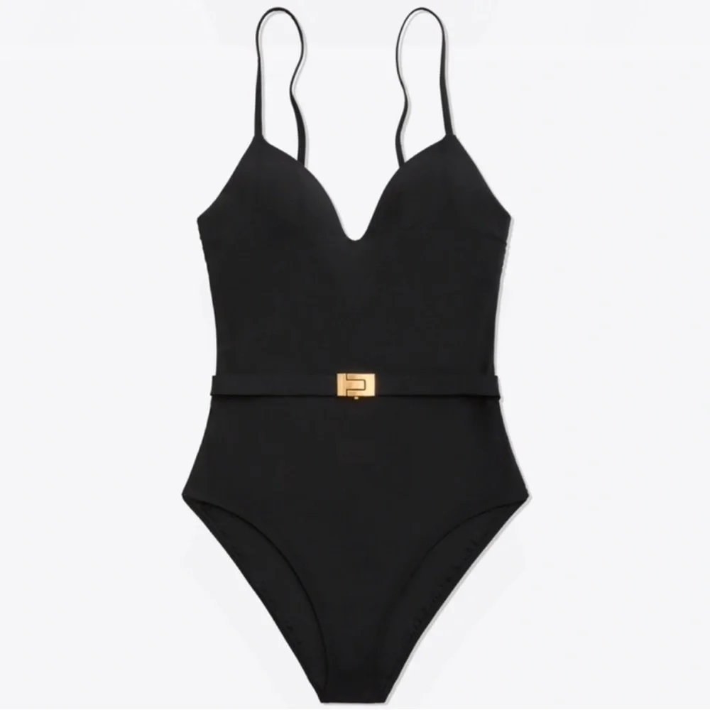 Tory Burch T Belt Gold Logo One Piece Swimsuit Black